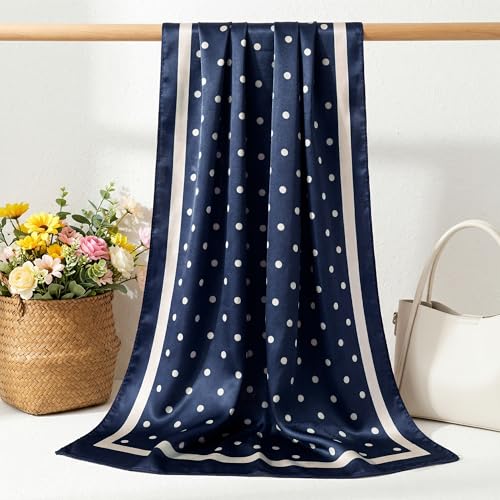 Pistha Head Scarf Bandana for Women, Satin Scarf for Hair, Large Square Silk Bandana Headscarf for Women and Men 35 Inch - style: Dot-blue