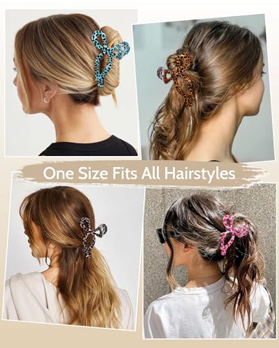 Mesovor 4 Pack Elegant Bow Hair Claw Clips, Nonslip 4.3" Large Hair Grip Hairclips for Thin and Thick | Acrylic Hair Strong Hold Hair Jaw Clamps (Pink Leopard, Brown Leopard) - color: Pink Leopard, Brown Leopard