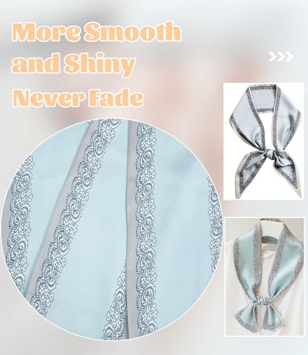kcctoo 59” Long Silk Like Head Scarf Women's Fashion Square Neck Satin Scarfs for Bag Hair Scarves Gift 59 * 5.9” - color: L1 Lace Edge Haze Blue 59" X 5.9"