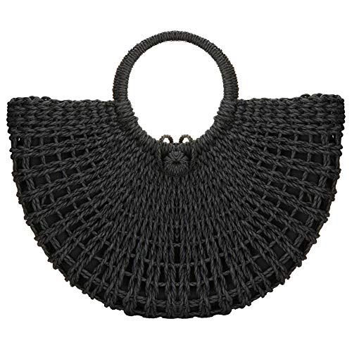 Gets Handwoven Rattan Top-handle Bag for Women Bohemian Round Straw Tote Bag Beach Large Carrying Handbag - color: Black