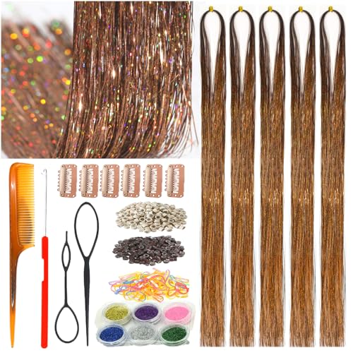 Celinebella Chestnut Brown Hair Tinsel, 48" 1250 Strands Natural Shimmer | Natural low-key chestnut brown tone, blends well with dark hair, heat resistant, great for office daily casual styling - color: 14-Chestnut Brown, size: 48 Inch Pack of 5Pcs