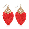 Bohemian Silky Thread Fan Fringe Tassel Statement Earrings - Lightweight Strand Feather Shape Dangles - color: Bohemian Fringe - Red