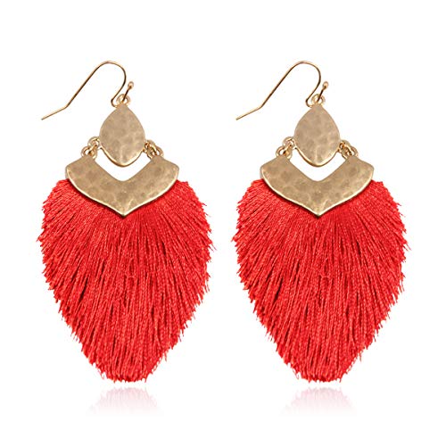Bohemian Silky Thread Fan Fringe Tassel Statement Earrings - Lightweight Strand Feather Shape Dangles - color: Bohemian Fringe - Red