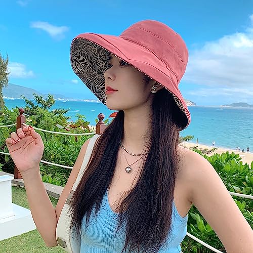 HUAMULAN Women Summer Sun Hat Wide Brim Wired Edge Floral Beach Bucket Hats Reversible Foldable Travel UV Protection Lady Hat - color: M2246-jiuhong