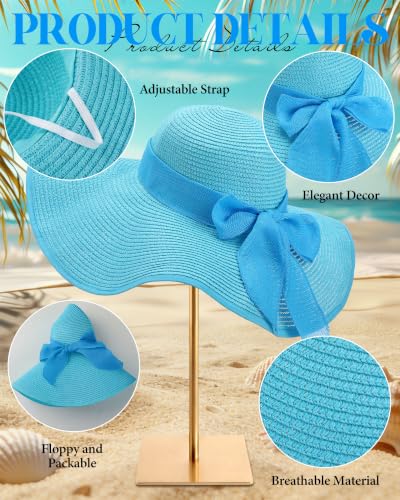 3 Pcs Summer Beach Set for Women Wide Brim Straw Sun Hat, Swimsuit Coverup Sarong, Heart Sunglasses - color: Blue