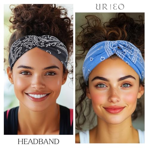 Urieo Boho Bandanas Headband Knotted Hair Bands Paisley Head Turban Sport Yoga for Women (Pack of 4) (C)