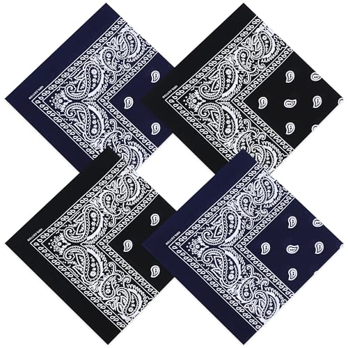 Mochabao 100% Cotton 27" x 27" Large Bandanas for Men & Women, Multi-Purpose Bandana Headbands, Square Head Scarf - color: Black/Navy Blue