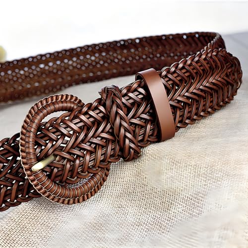 Women Wide Braided Leather Belt 1.6 inch Ladies Soft Woven Waistband with Buckle - color: Brown
