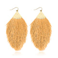 Bohemian Silky Thread Fan Fringe Tassel Statement Earrings - Lightweight Strand Feather Shape Dangles - color: Feather Fringe - Light Mustard