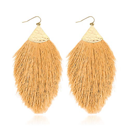 Bohemian Silky Thread Fan Fringe Tassel Statement Earrings - Lightweight Strand Feather Shape Dangles - color: Feather Fringe - Light Mustard