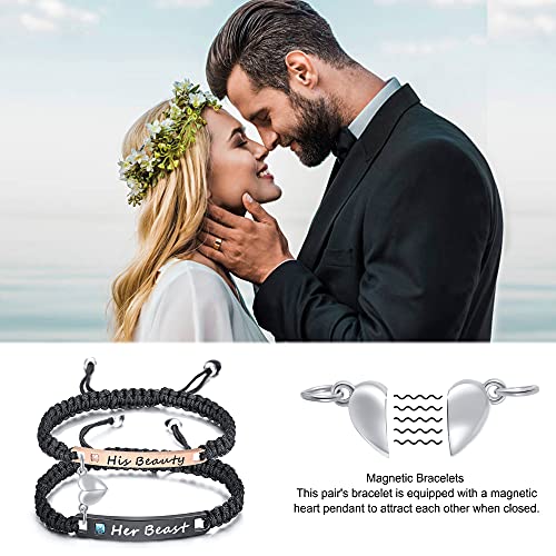 MEALGUET Personalized Couple Bracelet Customized Couple Bracelets Set Mutual Attraction Custom Name Relationship Bracelet Personalized Gift for Men Women - style: His Beauty/Her Beast-heart magnetic