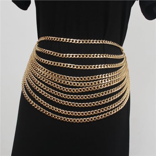 THREEBOY Women Apparel Belts Fashion Sexy Multilayer Metal Pearl Waist Chain Belt - color: New Gold