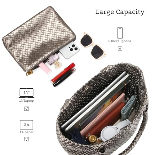 Woven Tote Bag for women,Vegan Leather Woven Satchel Handbag,Shoulder bag with Pouch,Hobo bag fits13-14” laptops - color: Sliver Grey