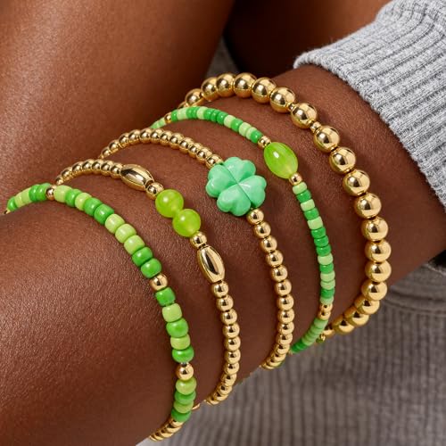 Gold Beaded Bracelets for Women: 14K Gold Bracelets for Women Trendy Dainty Gold Ball Bracelet Stack for Womens - Boho Stretch Bracelets Jewelry Sets with Cross Fashion Accessories Gifts for Women - style: clover