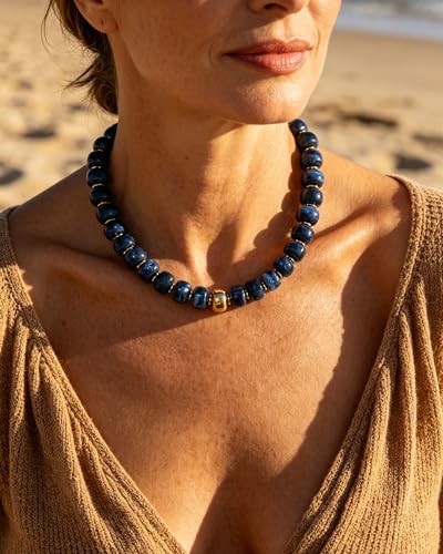 Chunky Beaded Statement Necklace for Women Trendy Colorful Boho Resin Bead Choker Necklaces Summer Handmade Jewelry Gifts Accessories - color: Gold-Deep Blue-1