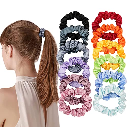 Satin Silk Hair Ties Small Mini Scrunchy for Women Cute Soft No Slip Ponytail Holders 12 Pcs Mini Bulk Scrunchies Elastic Hair Bands for Thick Curly Hair Pony Tails Hair Ties - color: Mixed colors