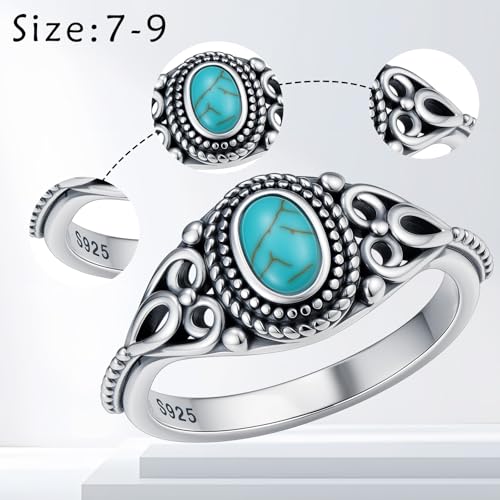 Boho Rings 925 Sterling Silver Turquoise Ring Western Jewelry Women's Eternity Rings Christmas Jewelry Gifts for Wife Mom Size 7-9 - style: Turquoise-2