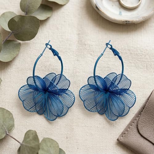 Gold Flower Statement Earrings for Women Boho Trendy Hoop Earrings Floral Dangle Petal Earring Prom Wedding Jewelry Gifts - color: A7:blue