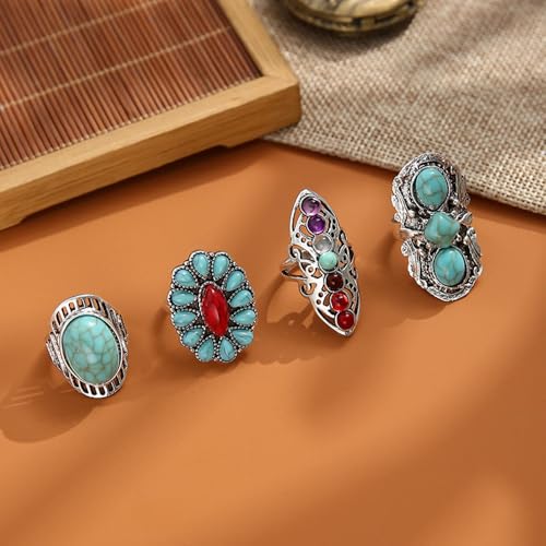Bohemian Turquoise Ring for Women Chunky Gold Flower Statement Rings Vintage Round Turquoises Stackable Knuckle Ring Set for Women Western Jewelry - style: Silver Turquoise ring-4Pcs