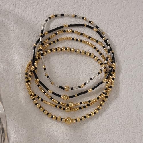 14K Gold Plated Beaded Bracelets Stack Set for Women,Stretch Boho Colorful Beads Ball Jewelry Friendship Summer Trendy - color: Gold Black Beaded