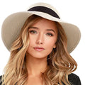 FURTALK Womens Beach Sun Straw Hat UV Protection Travel Packable Foldable Brim Summer UV Hat - color: Pure Beige, size: Medium-Large
