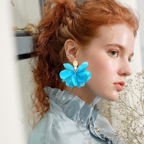 Handmade Fabric Flower Petal Fringe Dangle Drop Earrings Bohemian Floral Tassel Stud Earrings For Women - color: Sky Blue
