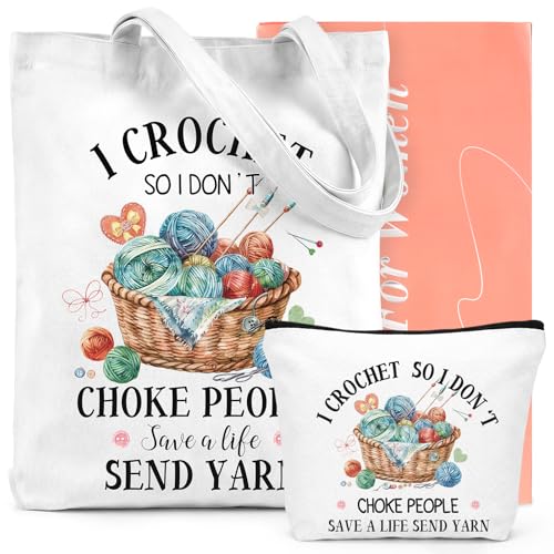 Crochet Lover Gifts for Women Funny Crochet Canvas Tote Bag with Cosmetic Pouch Bag Reusable Grocery Folding Shopping Bags Knitting Crocheting Funny Gifts for Women Friends Knitter Crocheters