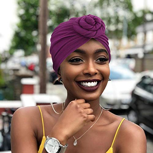 DRESHOW 5 Pack Knotted Headwraps for Women African Turban Pre-Knotted Beanie Headwraps Hair Covers - color: 5 Pack Donuts: Black, Purple, Royal Blue, Khaki, Rose