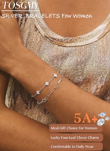 Dainty Silver Gold Bracelets for Women Trendy Non Tarnish 14K Gold Plated Cute Clover Bracelet Stackable Daisy Cubic Zirconia Diamond Charm Bracelet Stack Waterproof Jewelry Gifts - color: 01- Dainty Bracelet- Silver