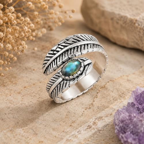 Silver Plated Feather Ring | 925 Silver Adjustable Open Ring | Vintage Leaf Design Inspirational Jewelry for Men & Women | Hypoallergenic Boho Statement Ring - color: Labradorite