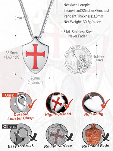 FaithHeart Knights Templar Necklace for Men, Christian Necklace for Men Stainless Steel Pendant Neckalces Christian Gifts with Gift Box - color: 06. Shield-Silver(Custom)