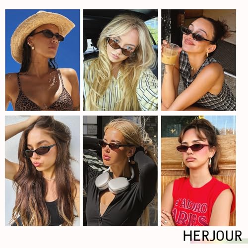 Retro Oval Sunglasses for Women Men Y2k Narrow Cat Eye Sunnies Skinny Shades AR82299 - color: 06. Black/Grey+tortoise/Red Grading