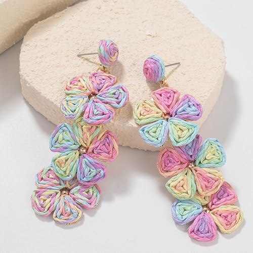 Boho Flower Earrings Statement Raffia Dangle Earrings Cute Floral Jewelry Trendy Summer Beach Vacation Outfits for Women - color: Colorful-2