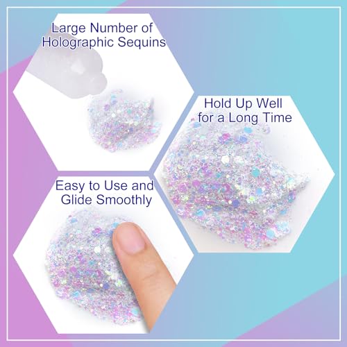 MEICOLY Chameleon Iridescent White Body Glitter,Holographic Face Glitter Paint Ice Themed Aerial Performance,Self-Adhesive Color Changing Mermaid Hair Glitter,Opal Glitter for Hair,Festival Party - color: chameleon iridescent white body glitter