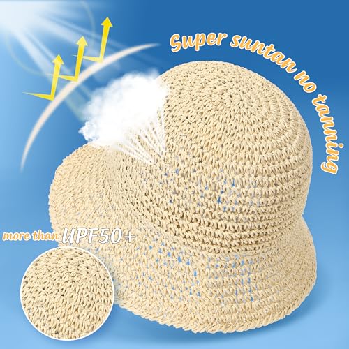 Womens Sun Hat Handmade Straw Bucket UV Protection Travel Summer Beach Cap - color: Beige
