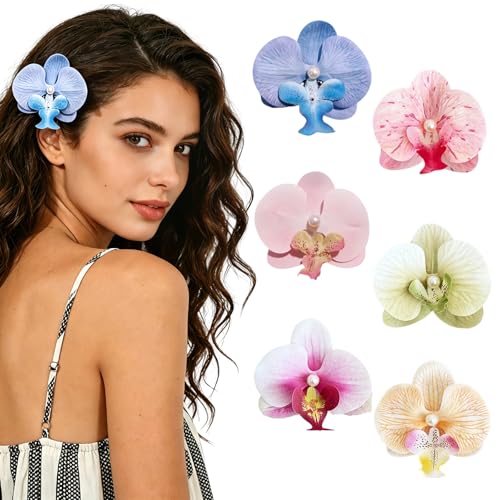 6 Pcs Hawaiian Flower Hair Clips with Fashion Floral Pearls Hawaiian Tropical Bohemian Butterfly Orchid Hairpins for Women Bridal Seaside Holiday Headwear Hair Accessories
