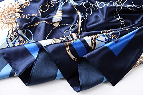 vabovin Satin Head Scarf for Women Silk Like Hair Scarf, 35 x 35 in | Silk Feel Fabric, Hair Wrap for Sleeping, Headscarf and Neck Scarf, Square Bandana Style, Fashion Accessory - color: 011 Blue Chain Print