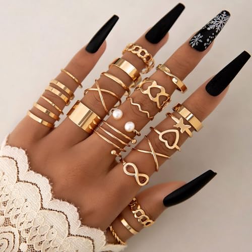22 Pcs Gold Knuckle Rings Set for Women,Boho Fashion Thick Finger Stacking Rings,Vintage Midi Hollow Statement Rings Pack Jewelry Gift - color: Gold