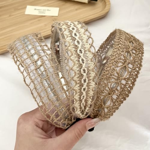 Bohemian Headband for Women-Floral Embroidered Headwrap with Lace Trim Vintage Cute Hair Band for Daily Boho Chic Style (13-Beige, One Size) - color: 13-Beige