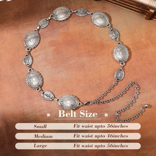 XZQTIVE Women Boho Chain Belts For Dresses Jeans Western Cowgirl Waist Links Belt Adjustable Metal Concho Belt - size: Fit Waist upto 36inches, style: Matter Silver