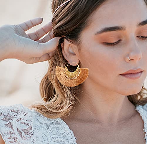 Tassel Hoop Earring Statement Thread Dangle Earrings Stylish Long Fringe Drop Earrings Lightweight Long Swingy French Hook Earrings for Women - color: B khaki