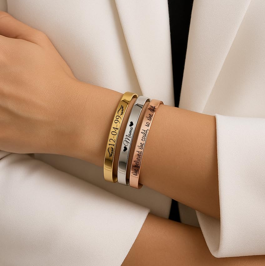 Personalized Stainless Steel Cuff Bracelet for Men & Women | Custom Engraved, Adjustable Bangle, Silver, Gold, Rose Gold, Black, or Rainbow, Front & Back Engraving
