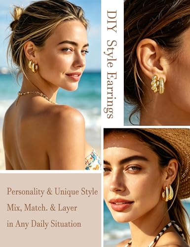16 Pairs Starfish Chunky Gold Hoop Earrings Set for Women, Beach Shell Style Stack Statement Earrings, Hypoallergenic Lightweight Gold Plated Trendy Summer Jewelry Gift - color: gold-ocean