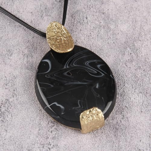 GelConnie Leather Necklace for Women Large Pendant Long Brown Necklace Circle Leather Choker Vintage Sweater Necklace Gold Chunky Boho Necklaces for Women - style: Black Large Gold Necklace