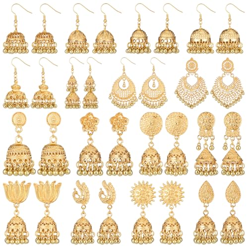 Nosiny 16 Pairs Jhumkas Indian Earrings for Women Vintage Jhumka Bell Hoop Dangle Earrings Set Ethnic Bohemian Indian Jewelry - color: Gold