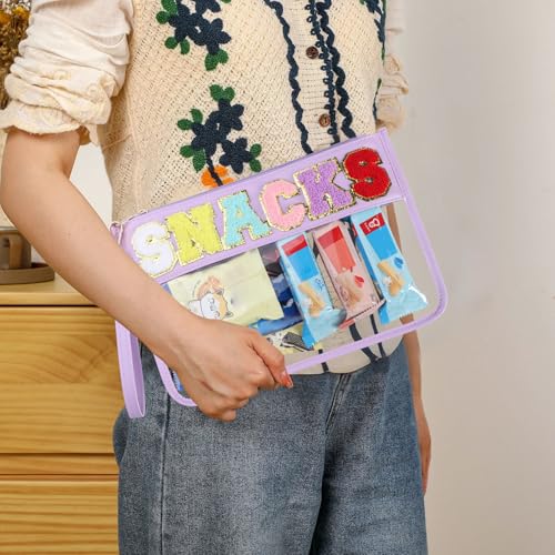 Clear Snack Bag for Travel, Chenille Letter Clear Zipper Snacks Pouch Nylon Cosmetic Bag Makeup Travel Bag for Women - color: Purple