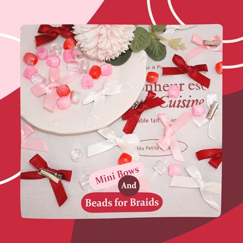 Valentine’s Day Large Hair Beads 45PCS Bow Hair Clips Acrylic Beads for Braids Satin Small Hair Bows Cute Loc Hair Accessories for Women Girls - color: White