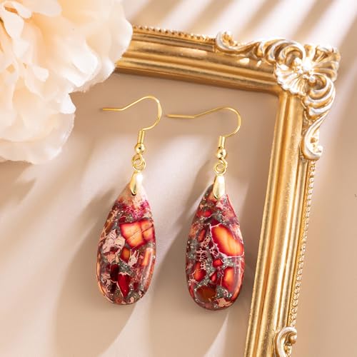 Stone Drop Earrings for Women Earrings Teardrop Jasper Stone Dangle Earrings - color: Brownish Red-Golden Hook