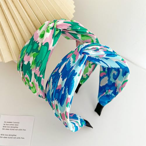 4 Pack Bright Floral Printed Headbands Wide Knotted Headbands for Women Cross Knot Fashion Hair Bands - color: Bright