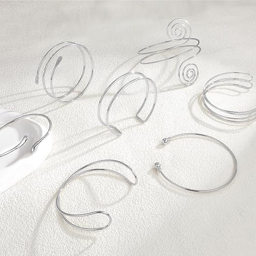 FEYIR 7 Pcs Arm Cuff Jewelry for Women Upper Arm Bracelet Bangle Band Armlet Adjustable Armband Set - color: Silver